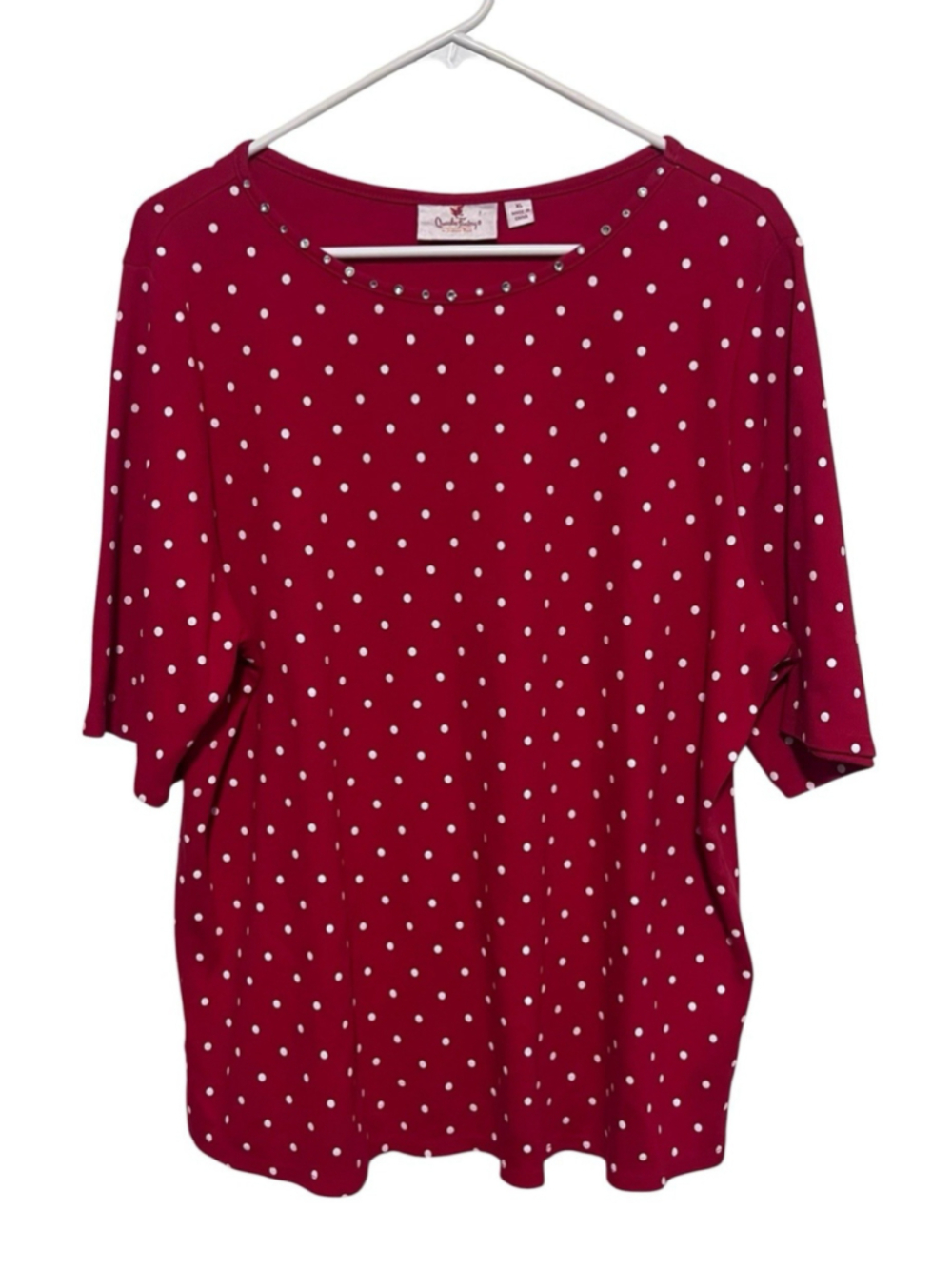Quacker Factory Polka Dot Top Women’s XL Red White Rhinestone Collar Accent Tee